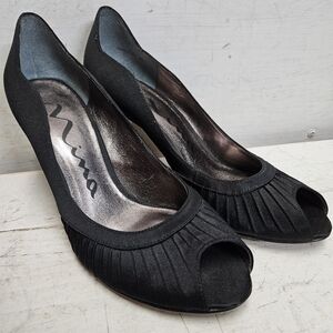 Nina black satin peep toe stiletto heel shoes w/ leather sole ~ womens 7.5